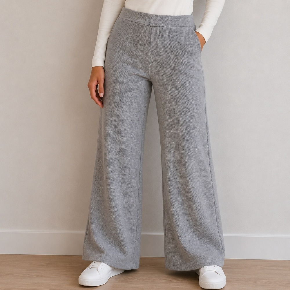 Summum Woman Grey Textured Waffle Knit High Rise Wide Leg‎ Trousers Small NWT